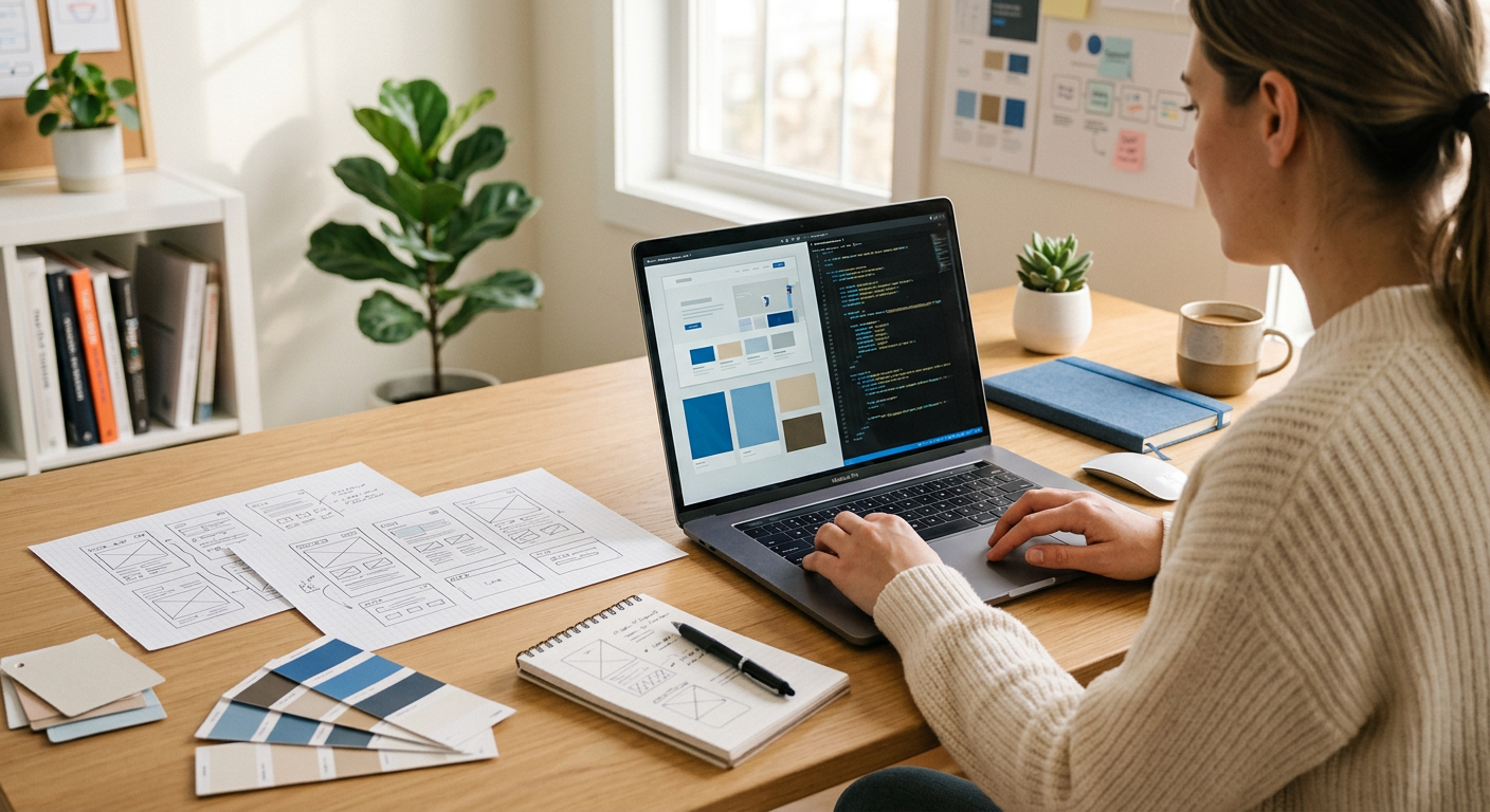 Website planning and design workspace with wireframes, color swatches, and a laptop showing design mockups