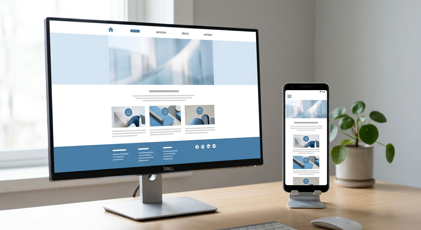 A modern business website displayed responsively on a desktop monitor and smartphone