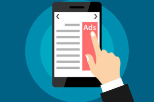 A vectorized image of a finger pointing to a red banner ad on the left side of a tablet in Southwest, FL and Springfield, IL