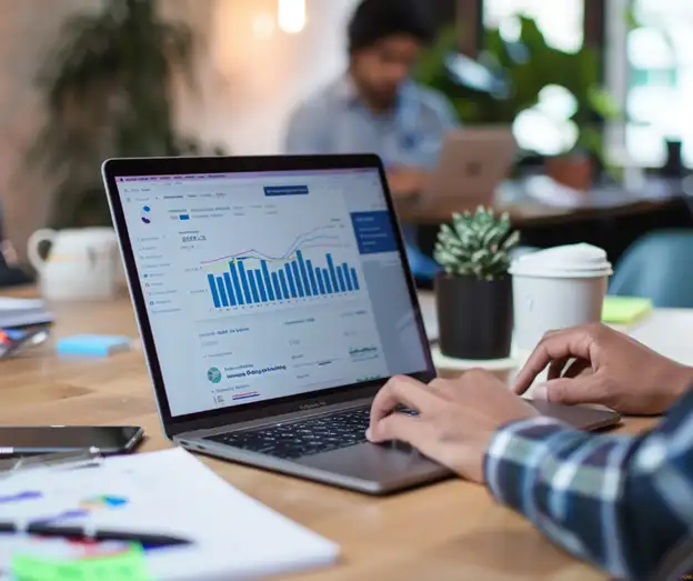 This is a photo of a person sitting at a table on a laptop with a CRM displayed on the screen.